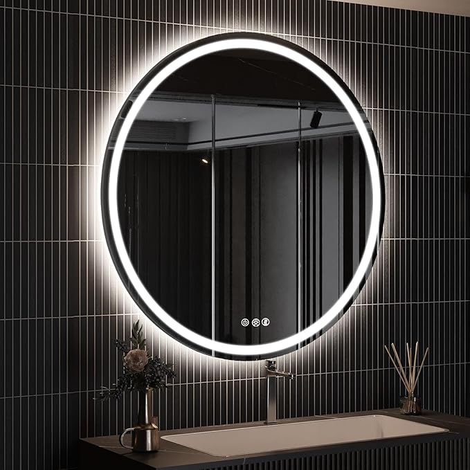 ROOMTEC LED Mirror,28" Round Backlit & Front-lit Vanity, Adjustable 3000K/4000K/6000K, Anti-Fog, Smart Touch, Stepless Dimmable