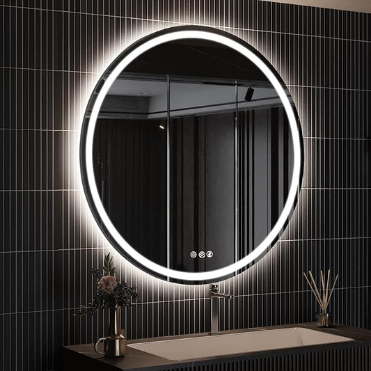 ROOMTEC LED Mirror,28" Round Backlit & Front-lit Vanity, Adjustable 3000K/4000K/6000K, Anti-Fog, Smart Touch, Stepless Dimmable