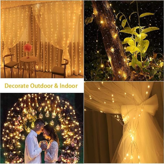 Meliven 300 LED Curtain Lights 9.8Ftx9.8Ft, 8 Modes Fairy Lights Curtain with Remote, Timer, Dimmable, USB Powerd, Warm White Backdrop Light for Wedding, Party, Home, Bedroom Decorations