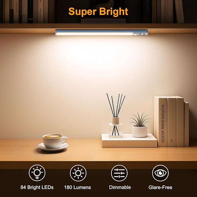 Gritin 10.2inch Under Cabinet Lighting Rechargeable -84 LED Super Bright,3-Color& 5 Level Brightness,4 Modes,Motion Sensor, Long Lasting- Easy Installation Magnetic Closet Lights -2 Pack-Sea Blue