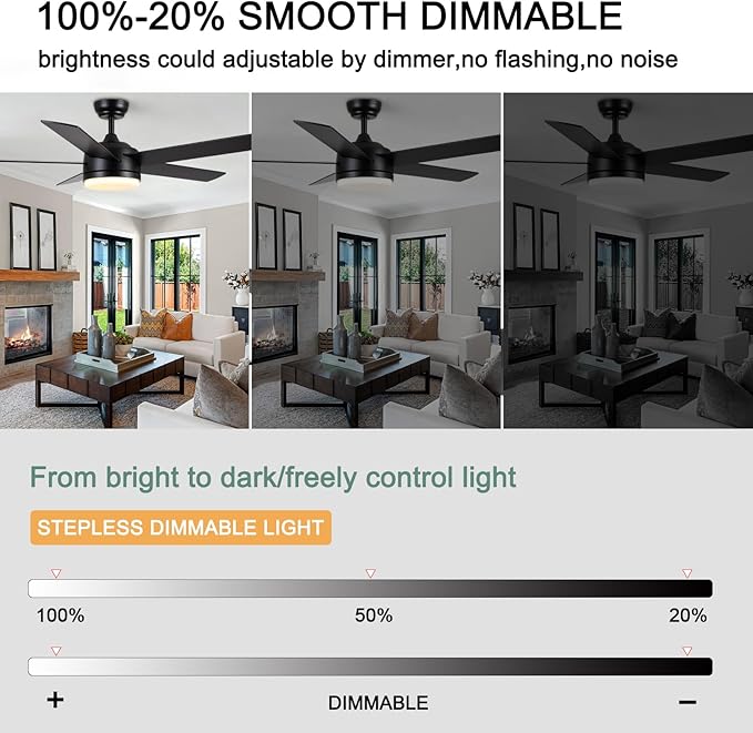 YUHAO 52 Inch Black Ceiling Fan with Light and Remote Control.Noiseless,Dimmable,3CCT,6 Speeds Reversible, DC Ceiling Fans for Indoor or Covered Outdoor