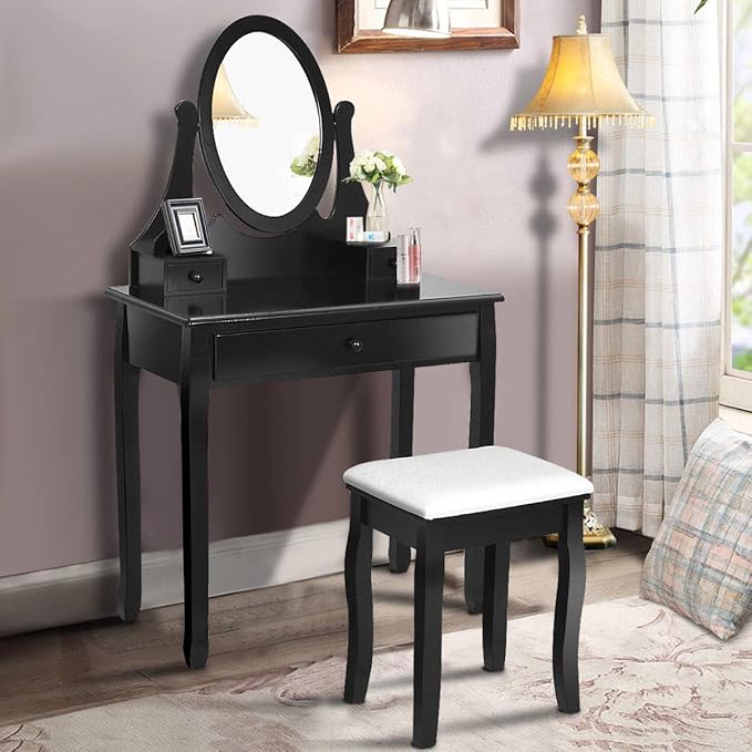 Giantex Vanity Set with Oval Mirror and Cushioned Stool, Makeup Dressing Table with 3 Drawers, Modern Bathroom Bedroom Makeup Organizer Vanity Table for Women Girls Gifts (Black)