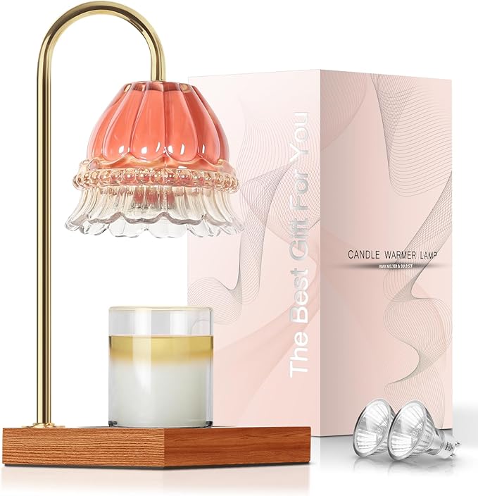Candle Warmer Lamp, Candle Lamp Wax Warmer, Timer & Dimmer 7-Levels, Compatible All Jar Candles, Top Melting, Glass Candle Heater Lamp for Scented Wax, Elegant Home Decoration, Pink Flower