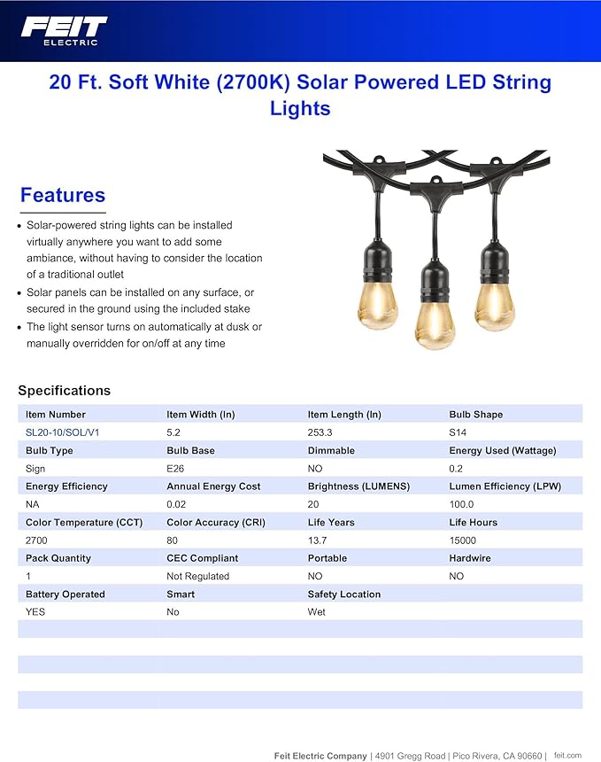 Feit Electric LED Solar Powered String Lights, Dusk-to-Dawn Sensor, 20ft Shatter Resistant Outdoor String Lights, Linkable, 2700K Warm White, 15,000-Hour Lifetime, SL20-10/SOL/V1, 11 Bulbs Included