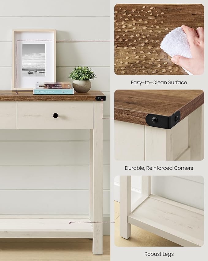 VASAGLE Console Table, Sofa Table, Narrow Entryway Table, Entry Table with 3 Drawers, Open Storage Shelf, Metal Corners, for Living Room, Farmhouse Style, Honey Brown and Rustic White ULNT142WJ02S