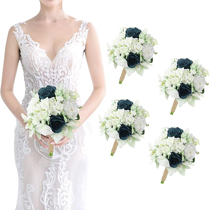 Wedding Bridesmaid Bouquet Set of 4 - Artificial Flowers Bouquets for Bridesmaids Pre-Made 7 Inch Faux Small Floral Bouquets Bridal Shower, Wedding, Ceremony, Anniversary - White Teal Blue
