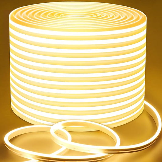 Lamomo Outdoor Neon Rope Lights, 49.2ft Warm White IP65 Waterproof Dimmable Led Strip Lights, 24V 3000K Silicone 1800 LEDs Neon Lights for Indoor, Outdoor, Balcony, Patio, Garden, Stairs