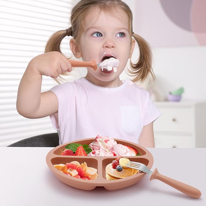 Silicone Baby Feeding Set, 2 Pack Divided Suction Plates for Baby, 2 Pack Spoons and Forks Set Baby Eating Essentials, Feeding Supplies for Toddler Utensils, BPA Free