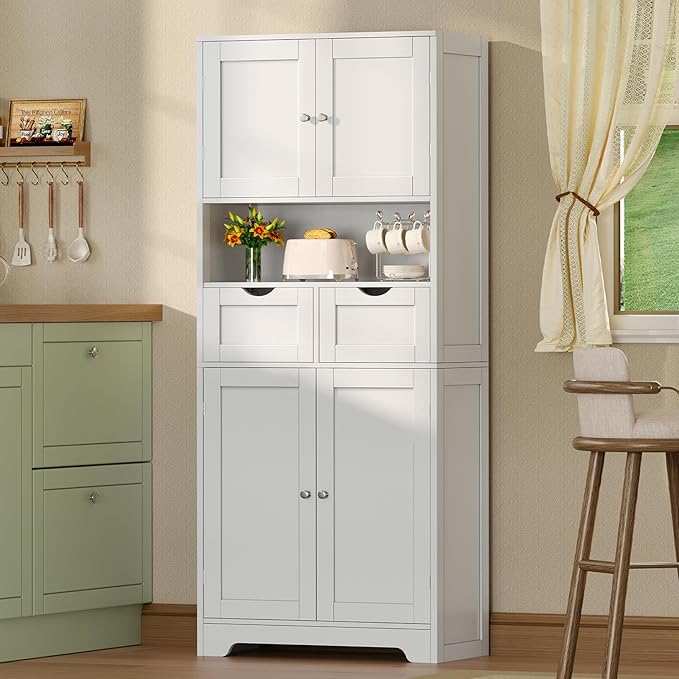Iwell Tall Storage Cabinet with Adjustable Shelf & 2 Drawers, Kitchen Pantry Cabinet, Pantry Cabinets with 4 Doors, Tall Cabinets for Living Room, Kitchen, Bathroom, White