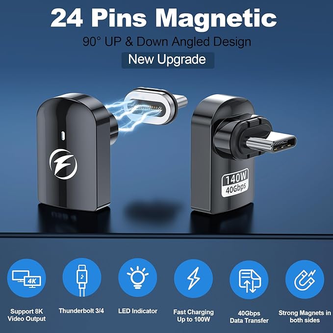 USB C Magnetic Adapter, (2 Pack) Right Angle Magnetic USB C Adapter 24 Pins with PD 140w Charge USBC 4 40Gbps 8K 60Hz for Thunderbolt 3/4, MacBook Pro/Air, Swtich and More Type C Devices