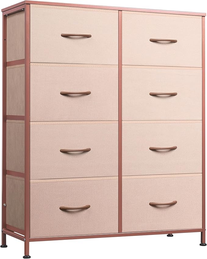 WLIVE Fabric Dresser for Bedroom, Tall Dresser with 8 Drawers, Storage Tower with Fabric Bins, Double Dresser, Chest of Drawers for Closet, Playroom, Dormitory, Pink and Rose Gold