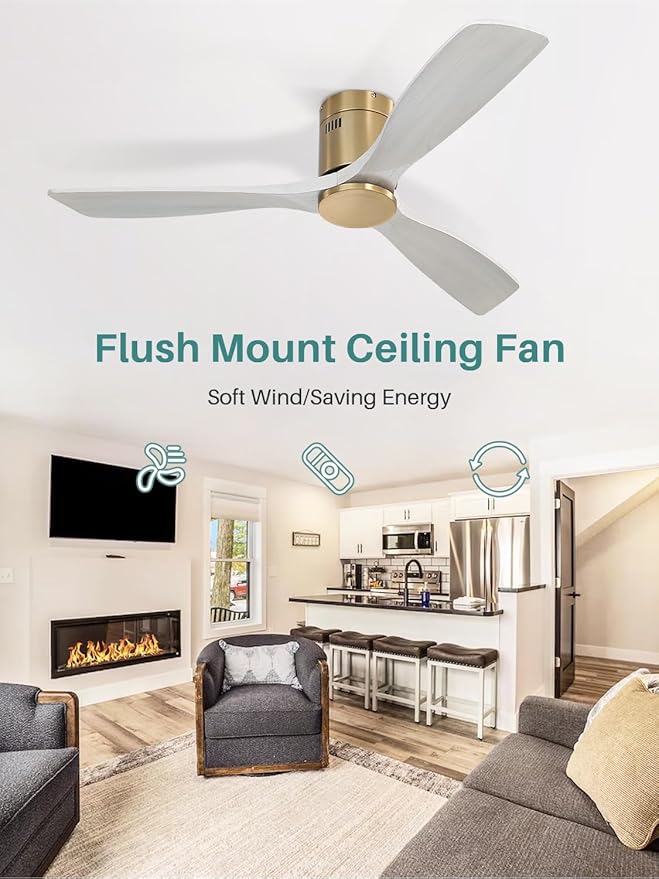 Sofucor 52 Inch Solid Wood Ceiling Fan Without Lights Flush Mount Ceiling Fans with Remote Control, Wood Blades Modern Outdoor Ceiling Fan No Light for Bedroom/Farmhouse/Patio/Indoor, Grey Gold
