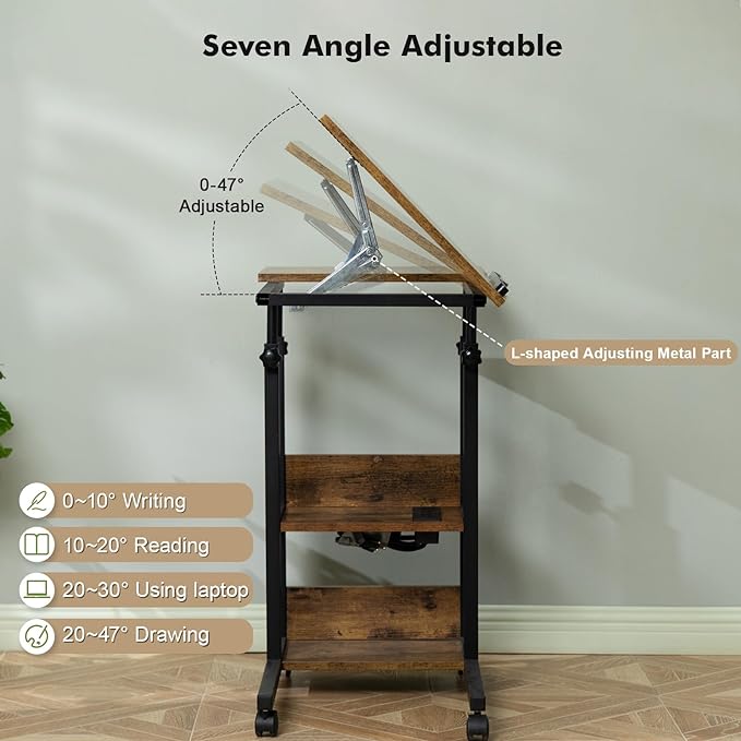 Hadulcet Adjustable C Table with Charging Station, Tiltable Desk C Shaped End Table for Couch, Over Bed Table with Wheels Adjustable Height, Hospital Table Laptop Stand Drawing Desk, Rustic Brown