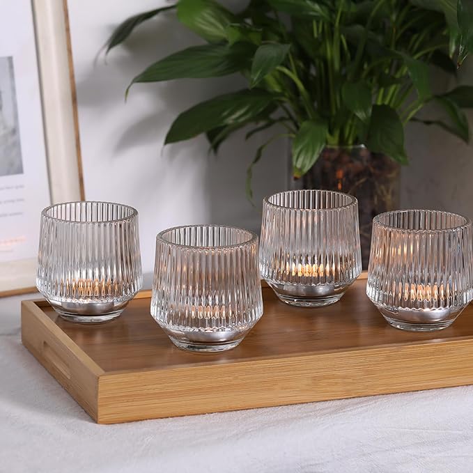 12 Pcs Large Glass Votive Candle Holders- 3.15"×3.15" Ribbed Candle Holders for Tealight Candles, Votives, Floatings, Tea Lights Candle Holders for Table Centerpieces, Wedding Table Decor