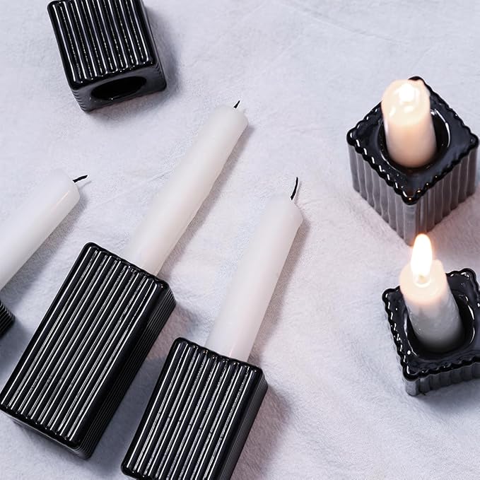 LETINE 12pcs Black Vertical Stripe Glass Candlestick Holders - Chic Taper Candle Sticks Holder Set for Elegant Dining & Home Decor - Ideal Candle Holders for Wall,Living Room,Bedroom, Kitchen Decor