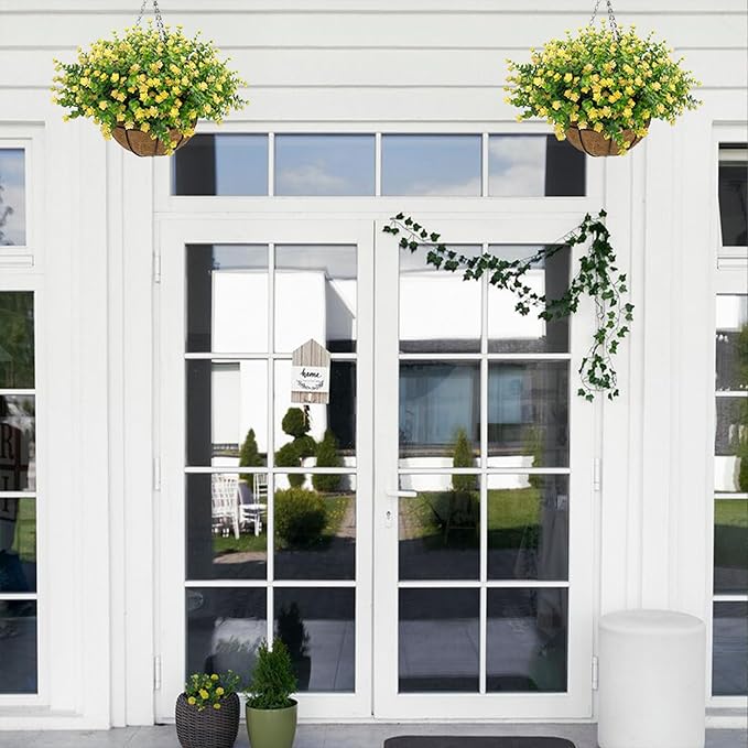 Artificial Hanging Flowers Basket for Outdoor, 16 Fake Flowers Look Real UV Resistant, Faux Hanging Plants for Porch, Balcony, Patio, Garden, Spring Summer Decor,Yellow