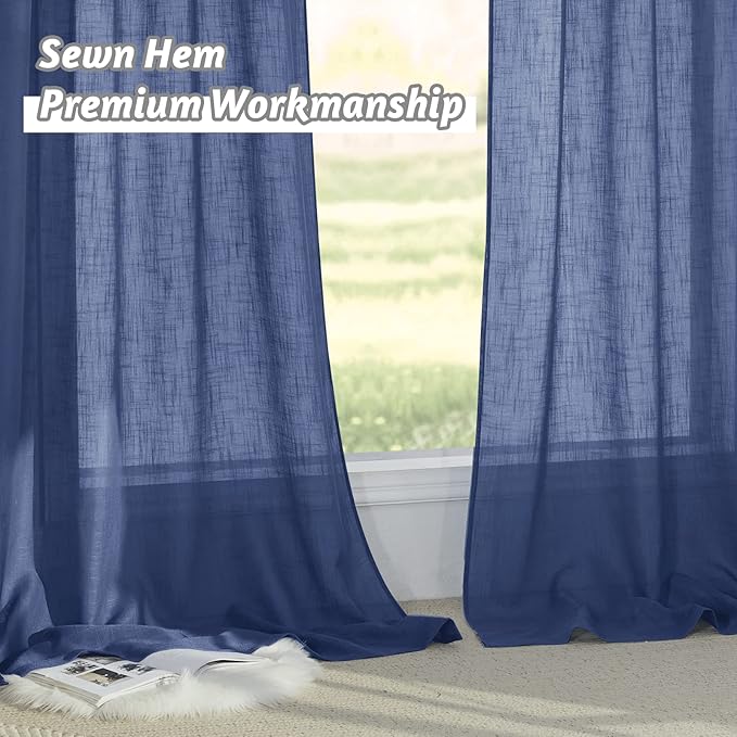RYB HOME Sheer Curtains for Bedroom - Linen Textured Semi Sheer Curtains for Living Room Boys Nursery Patio Sliding Glass Door Sunlight Filtering, Wide 52 inch x Long 90 inch per Panel, 1 Pair