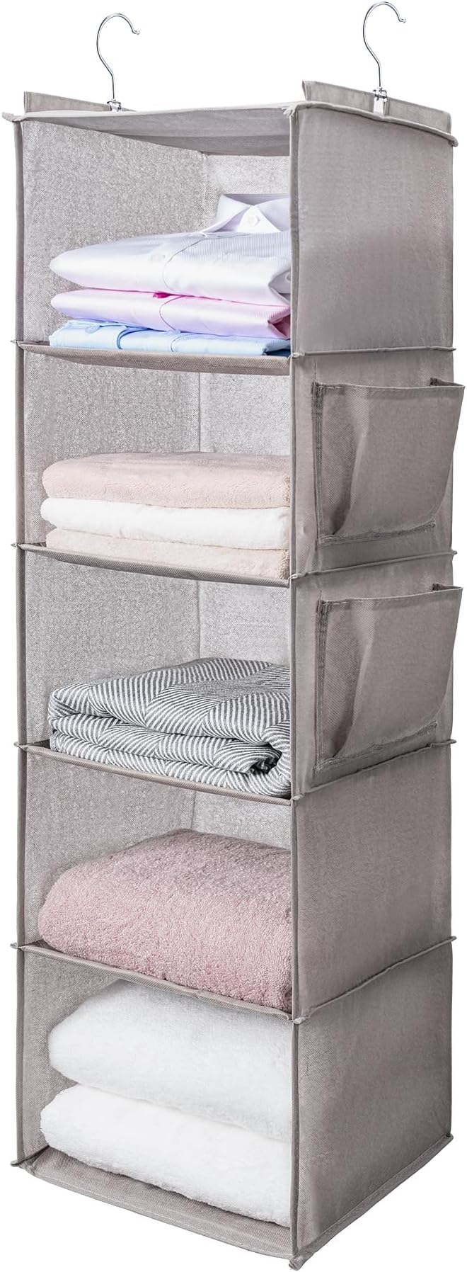 BOOMIBOO Hanging Closet Organize and Shelves，5-Hanging Shelf with 2 Side Pockets，Storage Foldable （Light Grey）