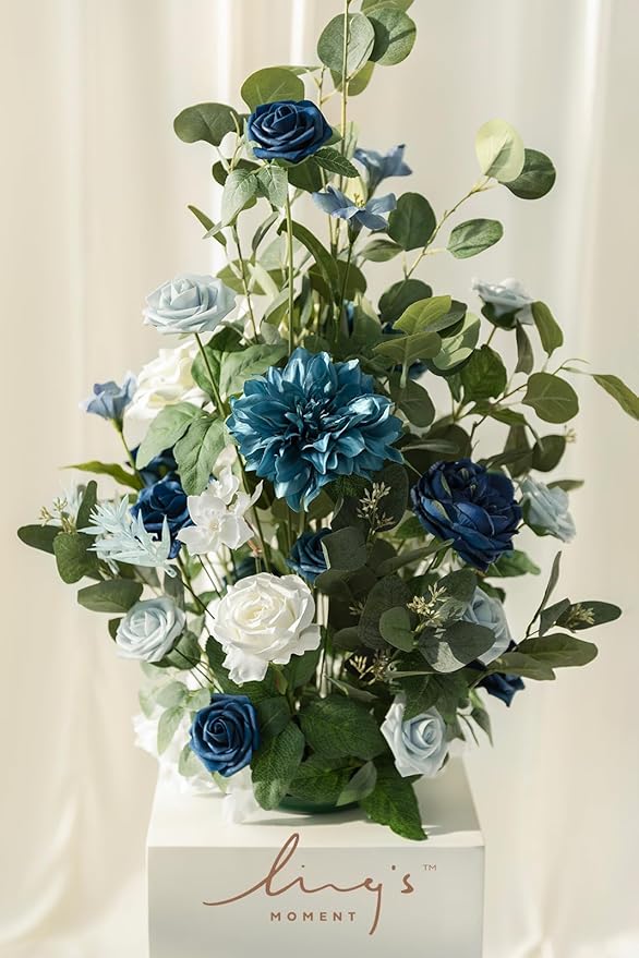 Ling's Moment 41" Tall Free Standing Artificial Flowers Arrangements 2 pcs Wedding Arch Altar Stage Decorations Dusty Blue Navy for Ceremony Reception Silk Rose Fake Floral Party Outdoor Beach Decor