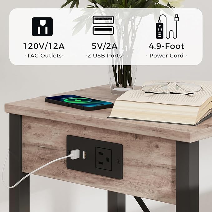 VIMBER Set of 2 End Table with Charging Station, Narrow Side Table with USB Ports and Outlets, Nightstands with 2-Tier Storage Shelves, Sofa Table for Small Space Living Room Bedroom, Greige