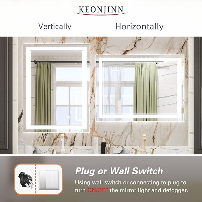 Keonjinn LED Mirror 24 x 32 Inch, Lighted Bathroom Vanity Mirror for Wall, Fronlit Only, HD Tempered Glass, UL-Listed LED Driver, Anti-Fog, Dimmale 6000K, Easy Installation(Horizontal/Vertical)