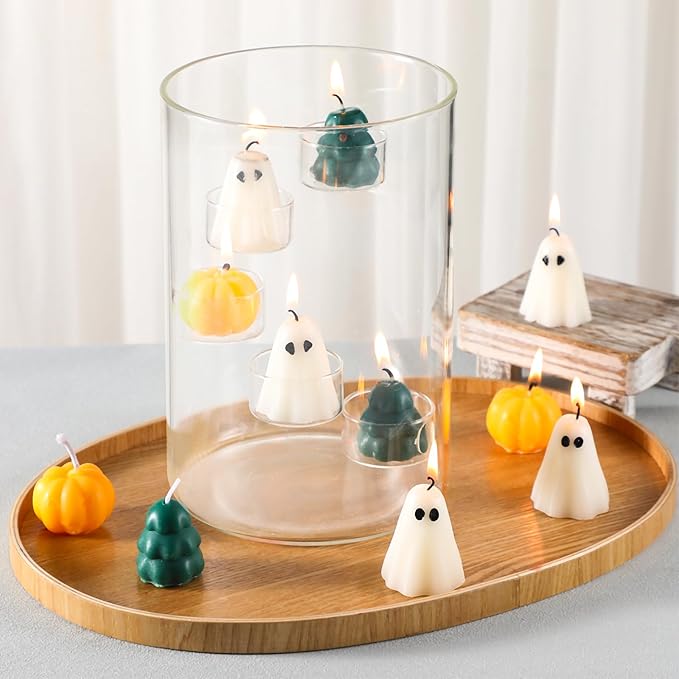 Christmas Glass Hurricane Candle Holder with 18 Pcs Tree Pumpkin Ghost Candles and 5 Tea Light Cylinder Pillar Candle Holder for Xmas Thanksgiving Halloween Table Centerpiece Decorations