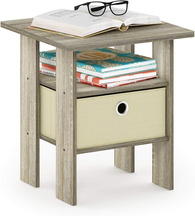 Furinno ANDREY Side Table, End Table, Night Stand with Open Shelves and Storage Bin, Bedside Table, for Living Room, Bedroom, Sonoma Oak