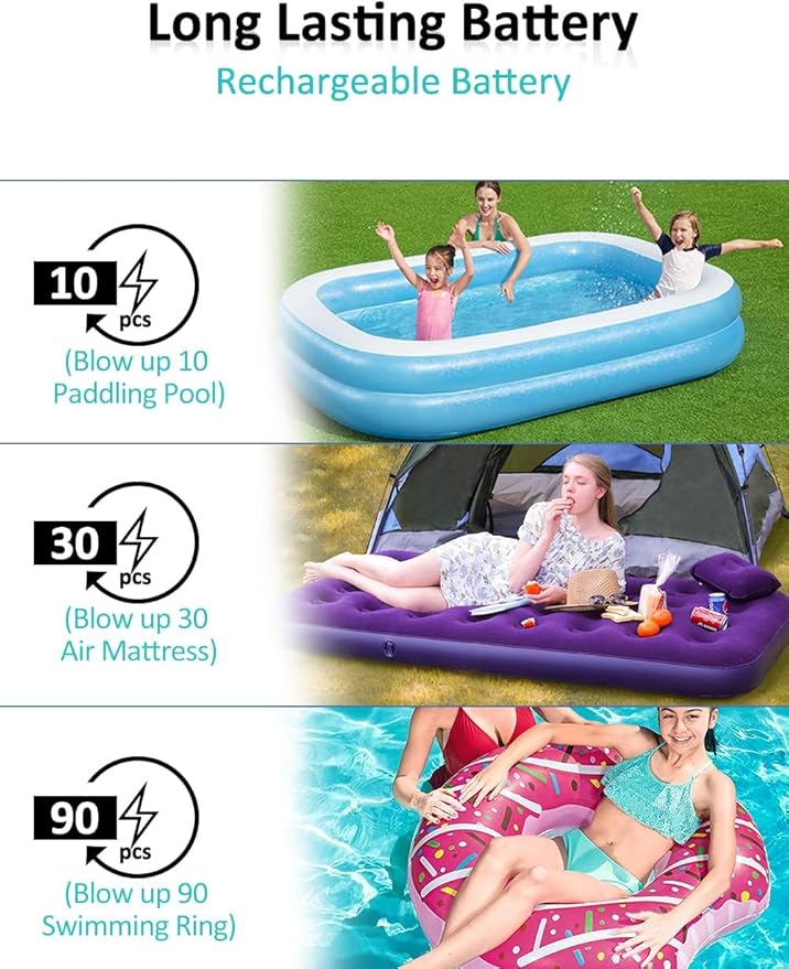 Electric Air Pump for Inflatables- 2×2000mAH Rechargeable Battery Powered Air Mattress Pump- Cordless Portable Air Pump, Quick-Fill Inflator Pump for Camping Air Mattress Bed, Pool Floats Toys, Boats