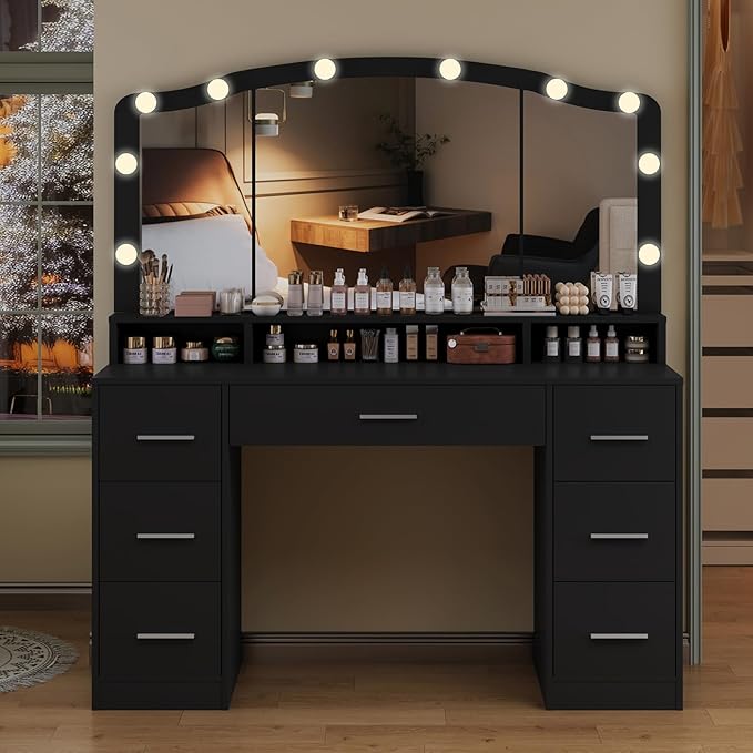usikey 43.3" Vanity Desk with Large Lighted Mirror, Makeup Vanity Table with 7 Drawers & 10 Lights Bulbs, 3 Lighting Colors, Make Vanity Desk, Vanity Table for Women Girls, Black