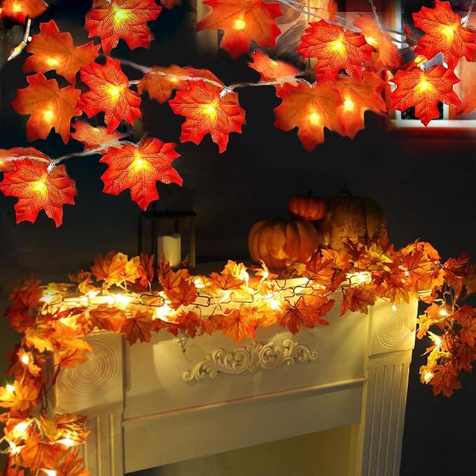 TURNMEON 2 Pack Thanksgiving Decorations Enlarged Maples Leafed Lights Total 20Ft 40LED Fall Decorations for Home, Battery Operated Autumn Garland Waterproof Indoor Outdoor Holiday Thanksgiving Decor