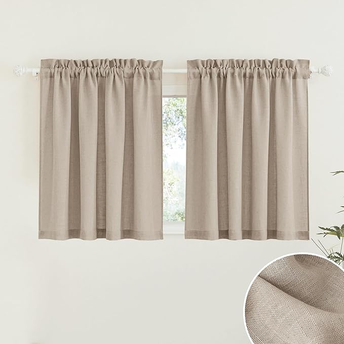 RYB HOME Natural Linen Blend Sheer Curtains for Kitchen, Semi Sheer Light Filtering Privacy Protected Rod Pocket Curtain Panels for Small Window, 52 x 45 inch, Khaki, 2 Panels Set