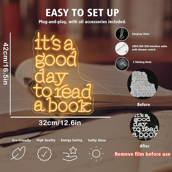 Wanxing LED Neon Sign for Wall Decor, It's a Good Day to Read a Book, USB Powered Dimmable, 5V/2A, 16.5"x12.6" for Home, Office, Bedroom, Book Lover