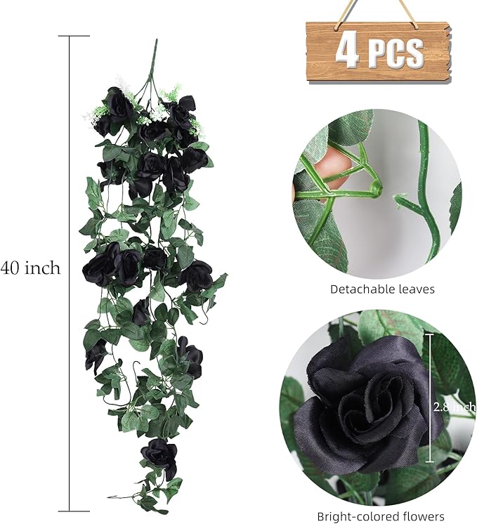 RECUTMS Artificial Rose Vine Hanging Plants 4Pieces 3.3Ft Flowers for Home Room Garden Wedding Indoor Outdoor Decoration (Black)