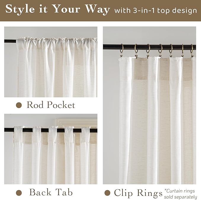 RYB HOME Linen Sheer Curtains Extra Long Window Drapes Light & Airy Translucent Panels for Bedroom Living Room, Office, Nursery, Rod Pocket Back Tab, Ivory, W 52 x L 102 inch, Set of 2