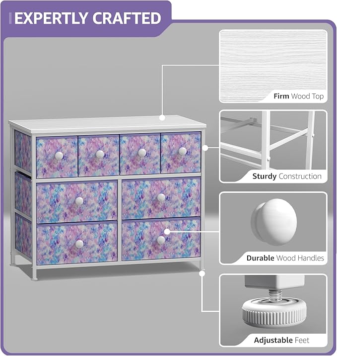 Sorbus Fabric Dresser for Kids Bedroom - Chest of 8 Drawers, Storage Tower, Clothing Organizer, for Closet, for Playroom, for Nursery, Steel Frame, Fabric Bins - Knob Handle (Tie-dye Purple)