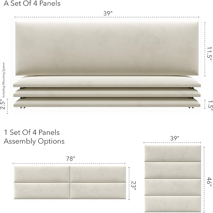 Vänt Upholstered Wall Panels - King/Cal King Size Wall Mounted Velvet Headboards - Velvet Ivory - Twin/King - Set of 4 Panels (Each Individual Panel 39"x11.5")