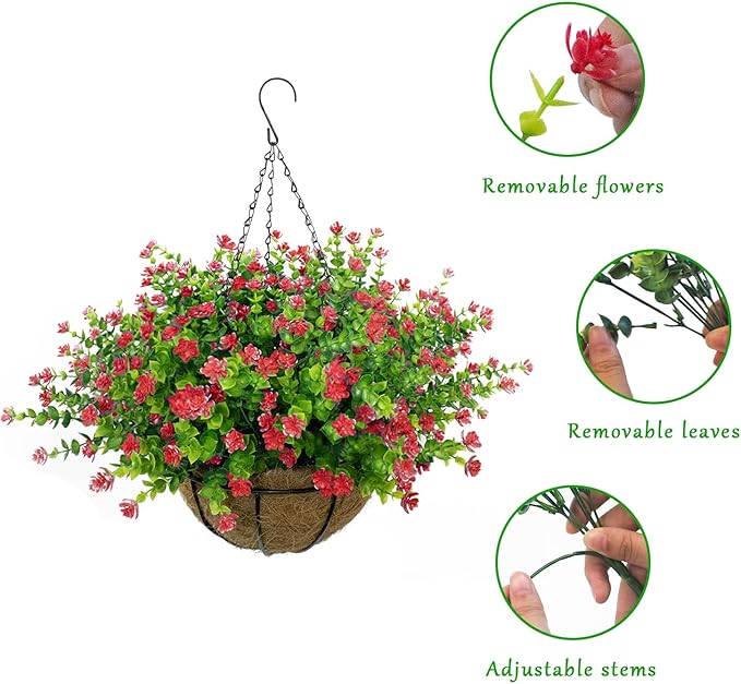 Artificial Hanging Flowers Basket, 12 UV-Resistant Bundles of Realistic Fake Flowers, Faux Plants for Outdoor Decor, Home, Garden, Porch, Patio, Spring & Summer Decorations, Red