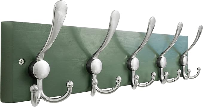 SKOLOO Creations Forest Green Solid Wood Wall Mounted Coat Rack, 5 Hooks, 17" Long - Kitchen, Mudroom, Entryway, Bathroom - Includes Mounting Hardware, Wall Coat Hanger, Towel Rack