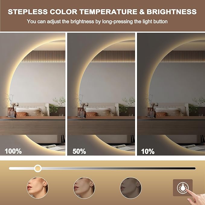 Half Moon Mirrors for Wall, 48"×24" LED Bathroom Mirrors with Lights-Touch Switch Backlit Bathroom Mirror-3 Colors-Dimmable Brightness,Anti-Fog, Memory, ETL Certified