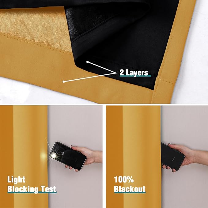 ChrisDowa 100% Blackout Curtains for Bedroom with Black Liner, 2 Thick Layers Total Blackout Thermal Insulated Grommet Long Window Curtains 2 Panels Set (Mustard Yellow, 52 x 95 Inch)