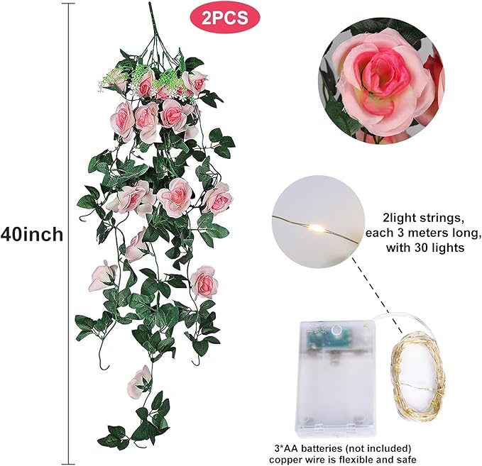 RECUTMS 2pcs Artificial Hanging Plants 32 in Fake Plant Ivy Vine Outdoor UV Resistant Plastic (Champagne)