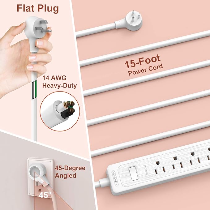 Extension Cord 15 ft, 6 Outlets Surge Protector Outlet, Heavy Duty Long Power Strip Flat Plug, 1875W Flat Plug, Widely Spaced Outlet, Wall Mount for TV Dorm Office Home Theater, White