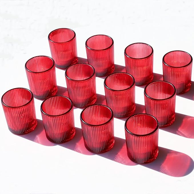 VOHO Red Candle Holders Set of 12, Ribbed Glass Votive Candle Holders Bulk for Holiday/Party Decorations, Tea Lights Candle Holder Wedding Centerpieces for Tables