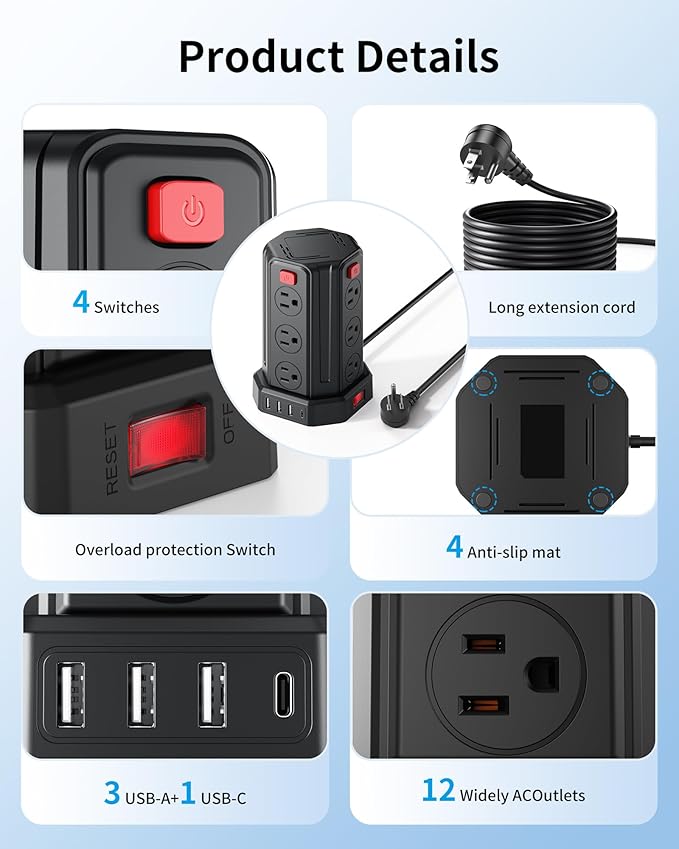 Power Strip Surge Protector, 6.5 Ft Extension Cord with 12 AC Multiple Outlets 4 USB (1 USB C), SMALLRT Power Tower Desktop Charging Station (Black, 6.5 Ft)
