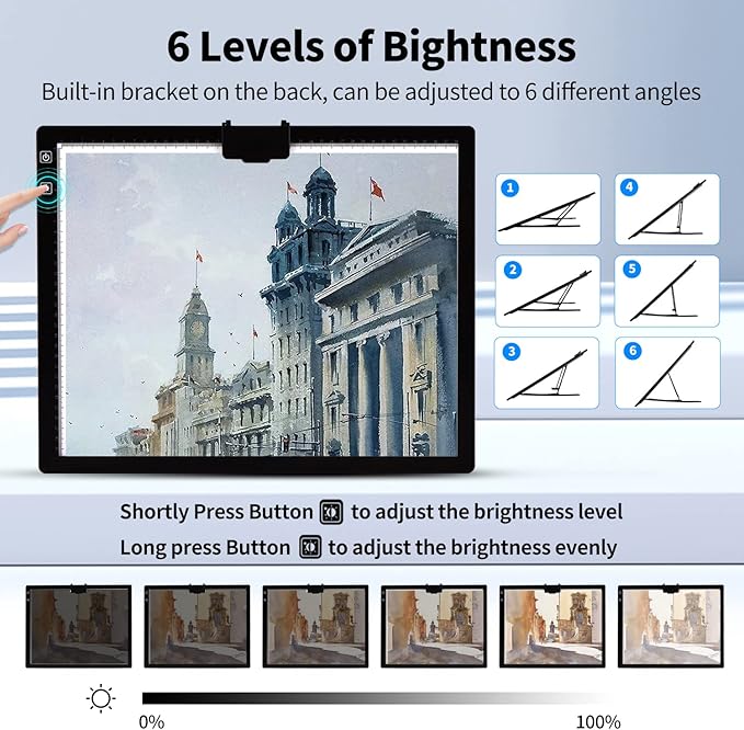 Elice Rechargeable A3 Light Pad with Carry Bag, Top Clip, Foldable Stand, 3 Colors/ 6 Levels/Stepless Dimmable Brightness Wireless tracing Light Box/Board for Diamond Painting, Cricut Weeding Vinyl
