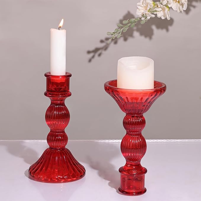 DARJEN 2 Pcs Red Taper Candle Holder - Vertical Stripe Glass Candle Holders for Taper and Votive Candles, Candlestick Holders for Various Activities, Home and Festival Decoration