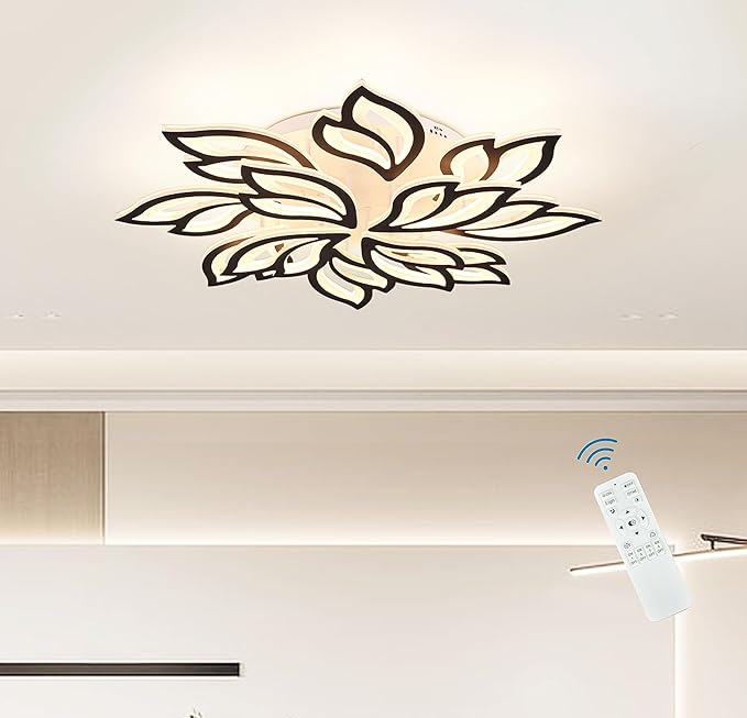 Garwarm Modern Ceiling Light, Dimmable LED Flower Flush Mount Ceiling Lamp, 90W Acrylic Petals Ceiling Chandelier Lighting Fixture with Remote Control for Living Room Bedroom Dining Room (Black)
