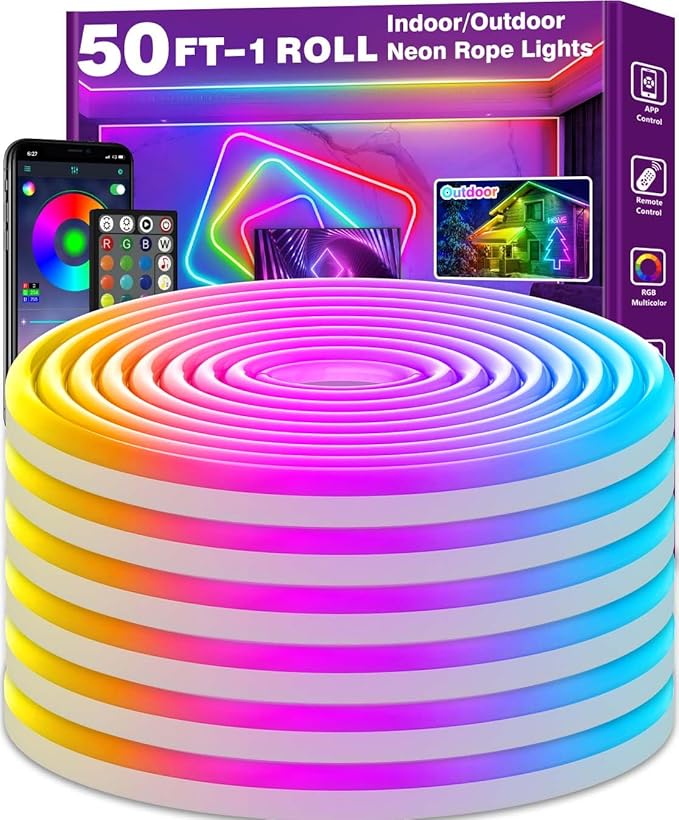 AILBTON 50Ft Neon Rope Lights,Flexible Led Rope Lights Control with App/Remote,Multiple Modes Rope Lights,IP65 Outdoor RGB Led Neon Light Waterproof,Music Sync Gaming