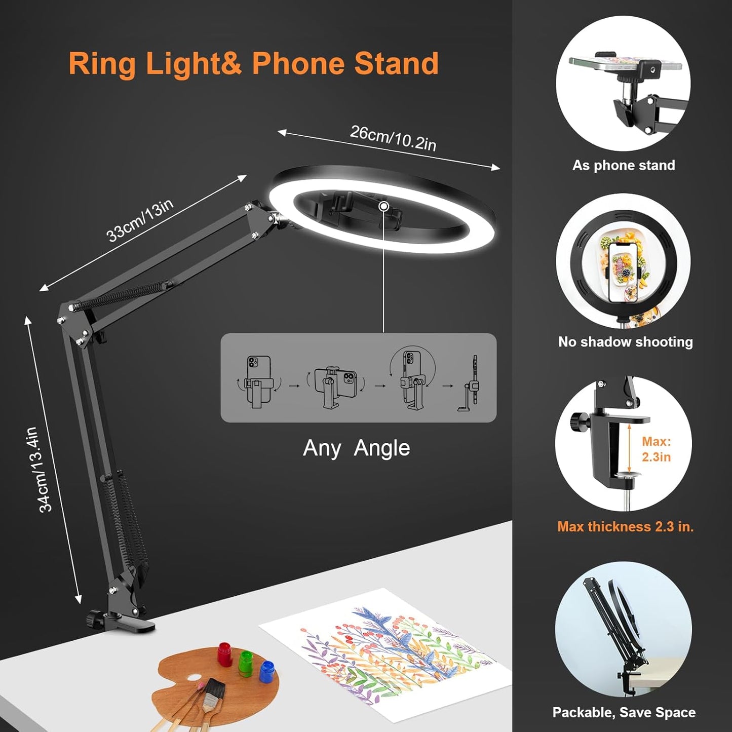 Evershop Upgrade Ring Light Overhead Phone Mount, 10” Circle LED Desk Ring Light with Stand for Video Recording