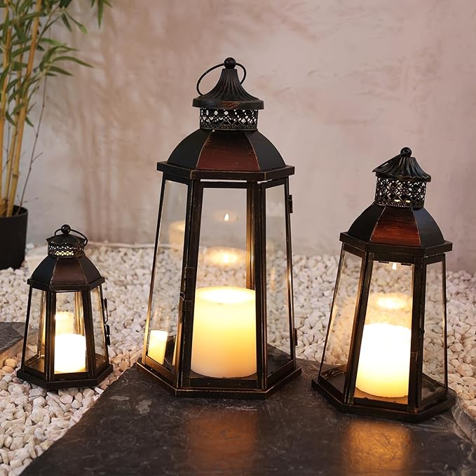 DECORKEY 19’’&16’’&8’’ Lanterns Decorative Outdoor & Indoor, Large Lantern for Front Porch, Metal Frame Candle Holders with Glass, Vintage Patio, Pathway, Balcony, Garden, Yard Decor